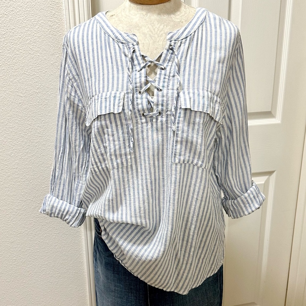 Gap Blue/White Striped L/S Linen Blend Pullover Top with Lace Up V-Neck - XL